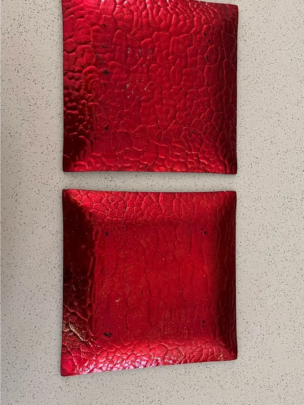 Set of (2) Ruby Red Textured Glass Decorative Plates - Coffee Table Accent Decor